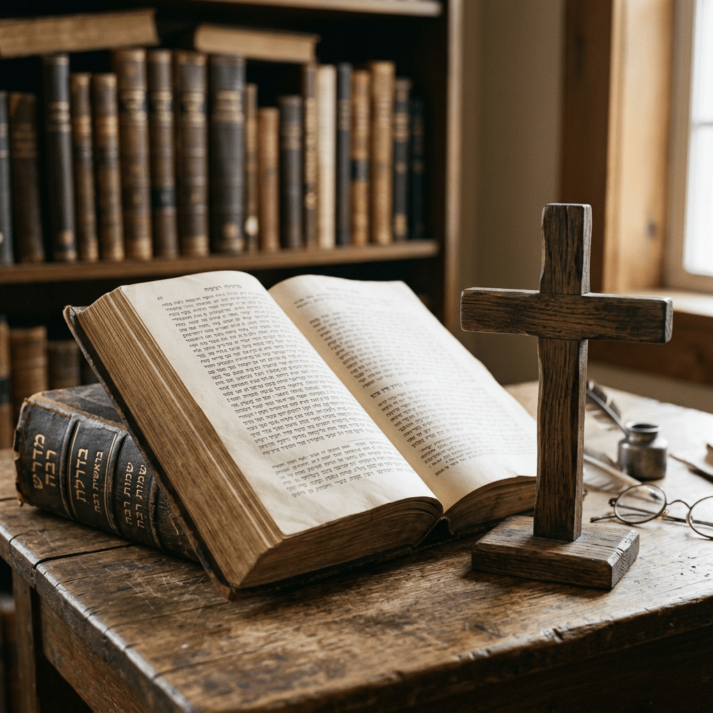 Open book with Hebrew text next to a wooden cross on a wooden desk