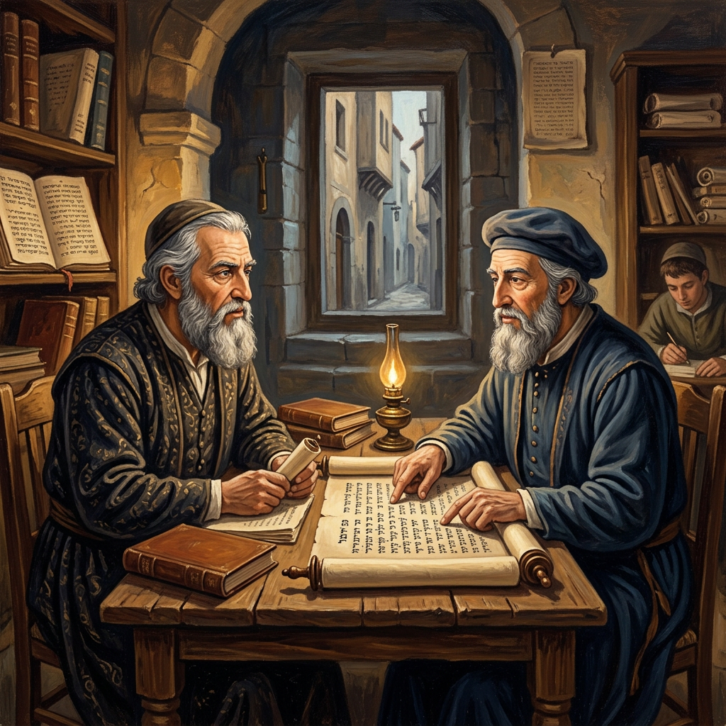 Two elderly men with gray beards reading and discussing a Torah scroll