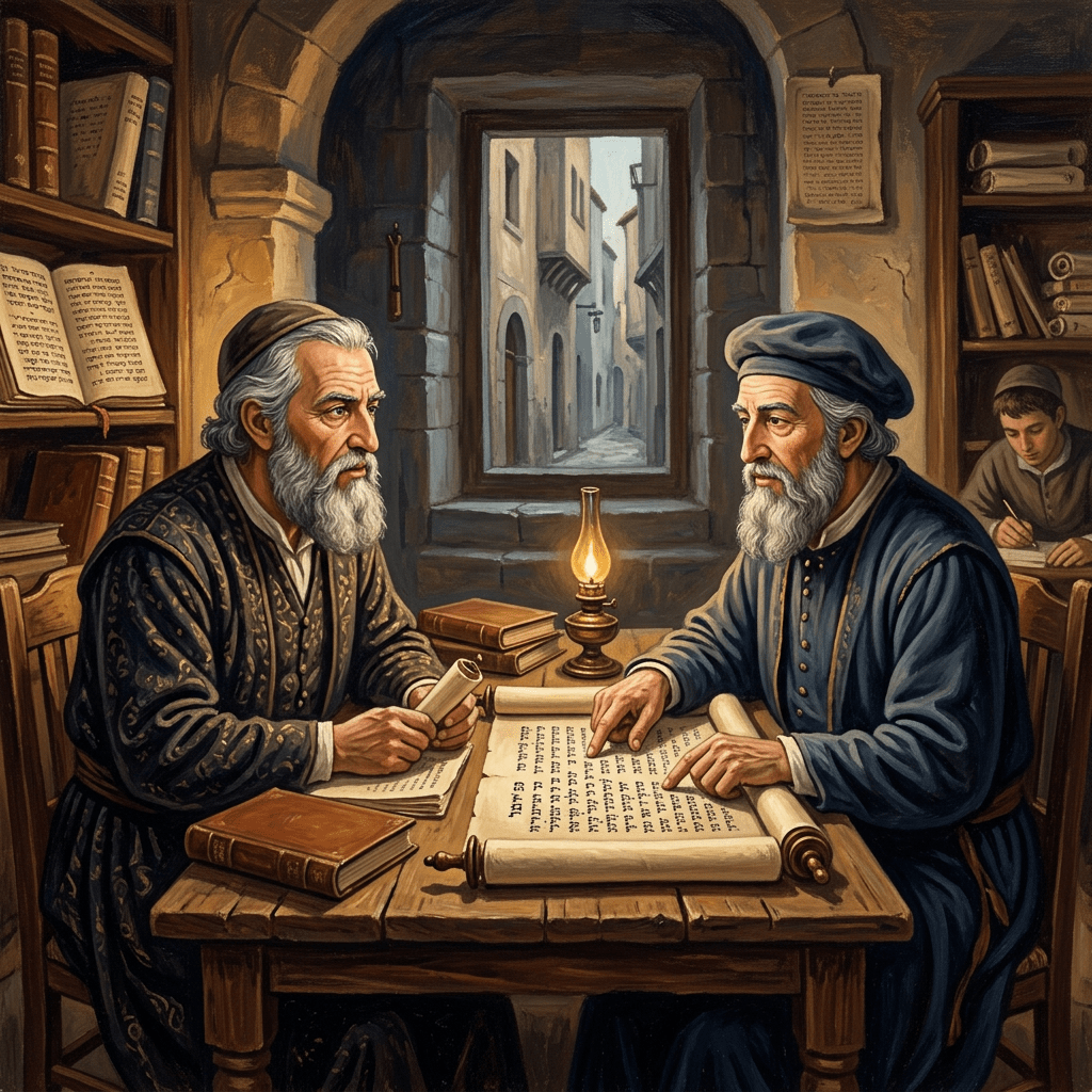Two elderly men with gray beards reading and discussing a Torah scroll