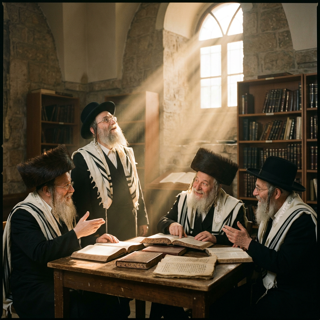 Four Jewish men wearing traditional black hats and prayer shawls studying texts at a wooden table in a library