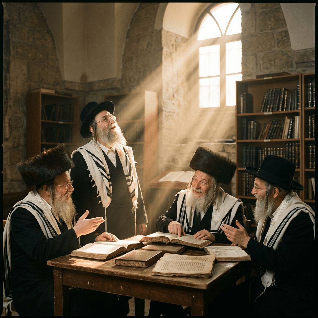 Four Jewish men wearing traditional black hats and prayer shawls studying texts at a wooden table in a library
