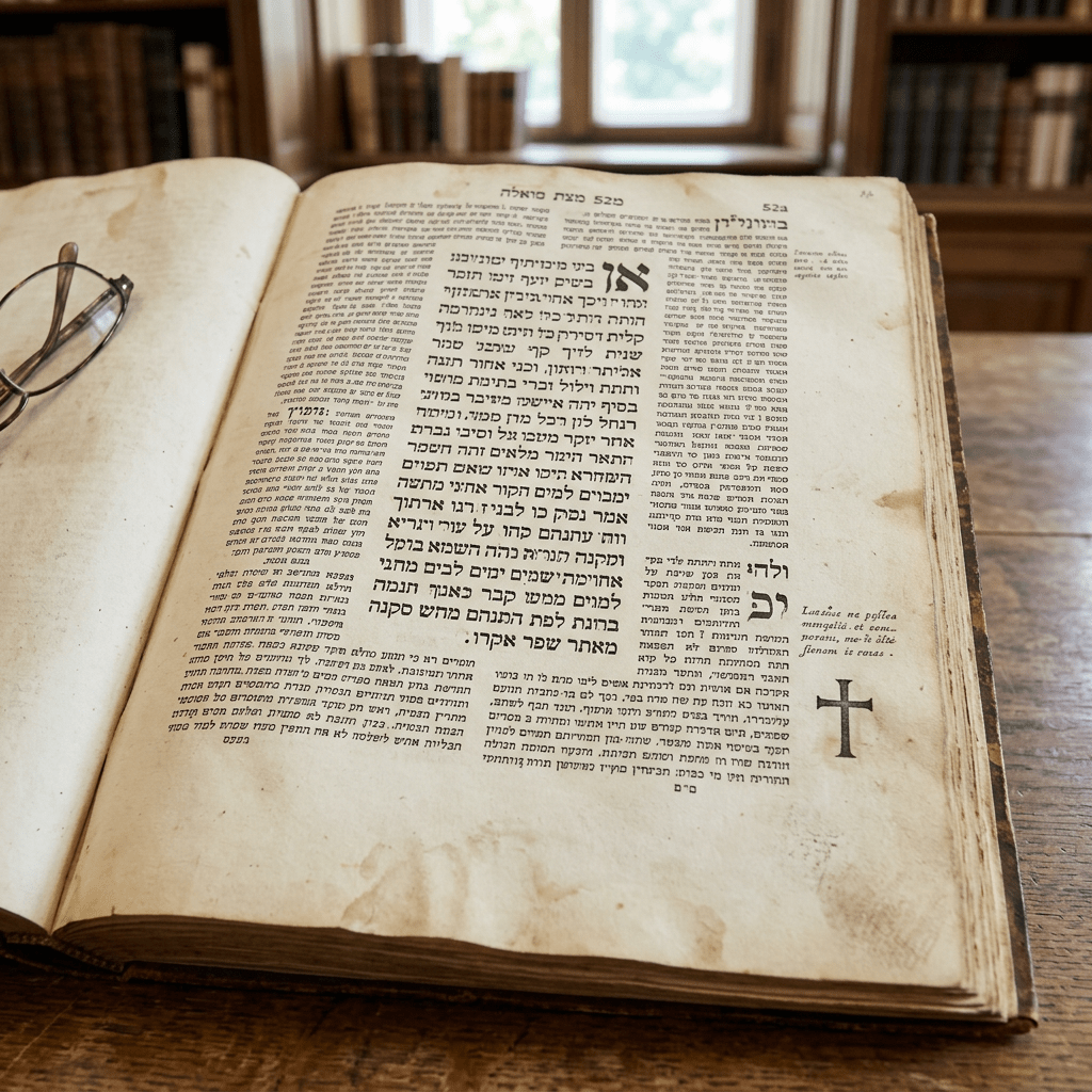 Open Hebrew manuscript with text and marginal notes on wooden table