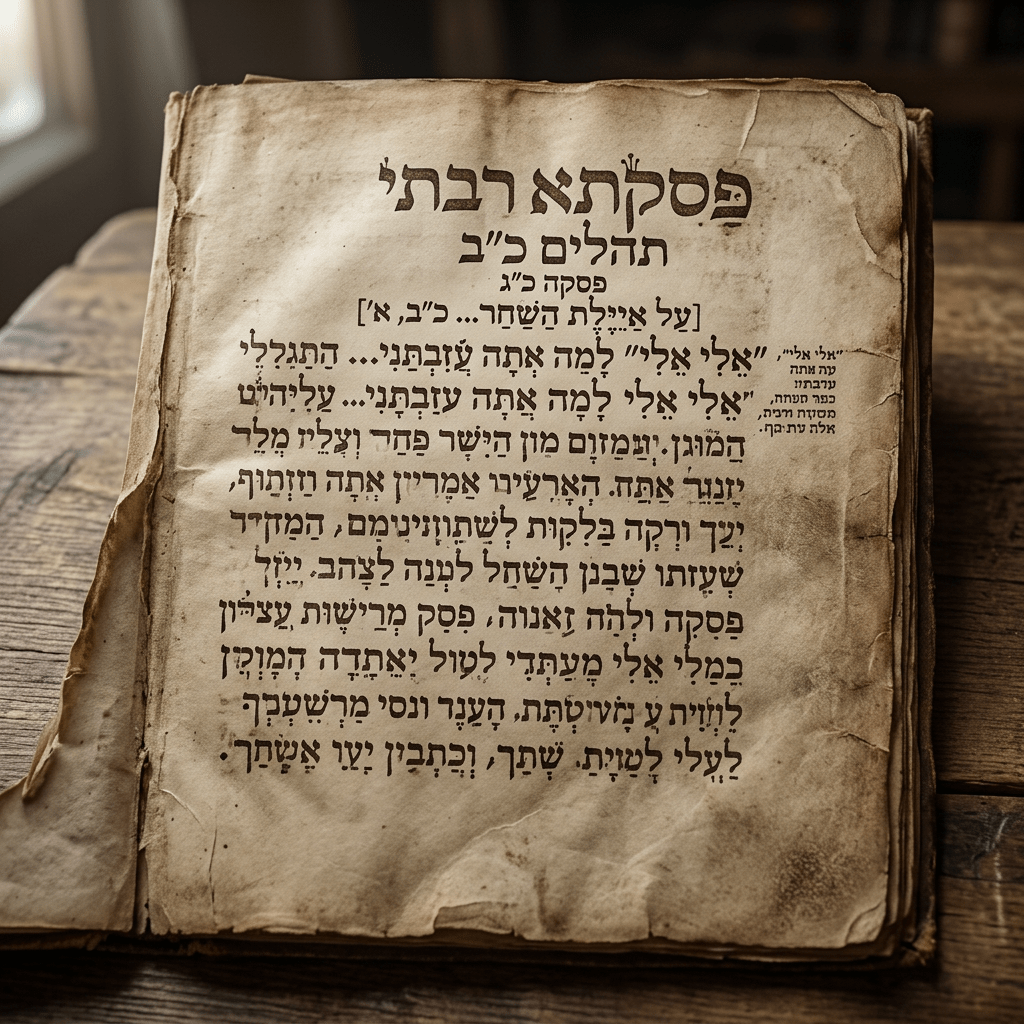 Open aged parchment with Hebrew script religious text