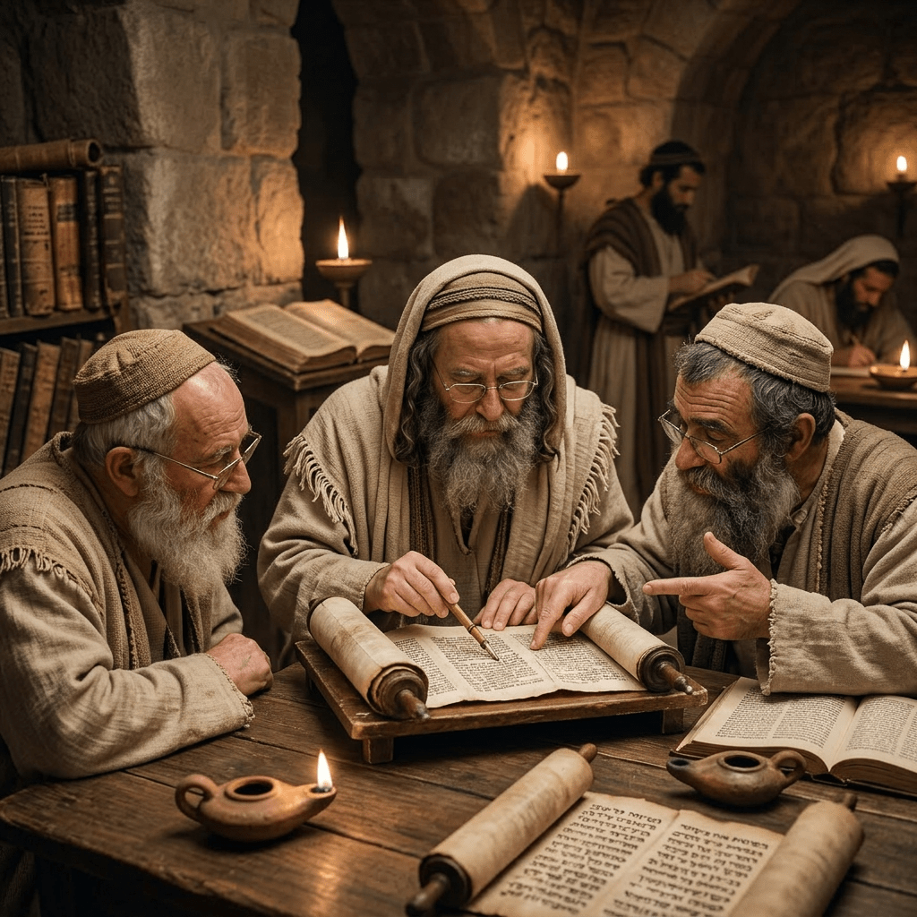Three Jewish men studying a Torah scroll together in a room with bookshelves