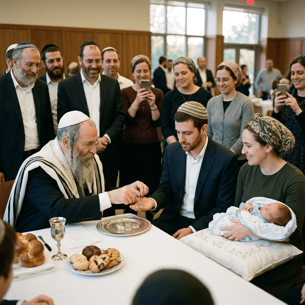 Jewish baby naming ceremony with rabbi, parents, baby, and guests
