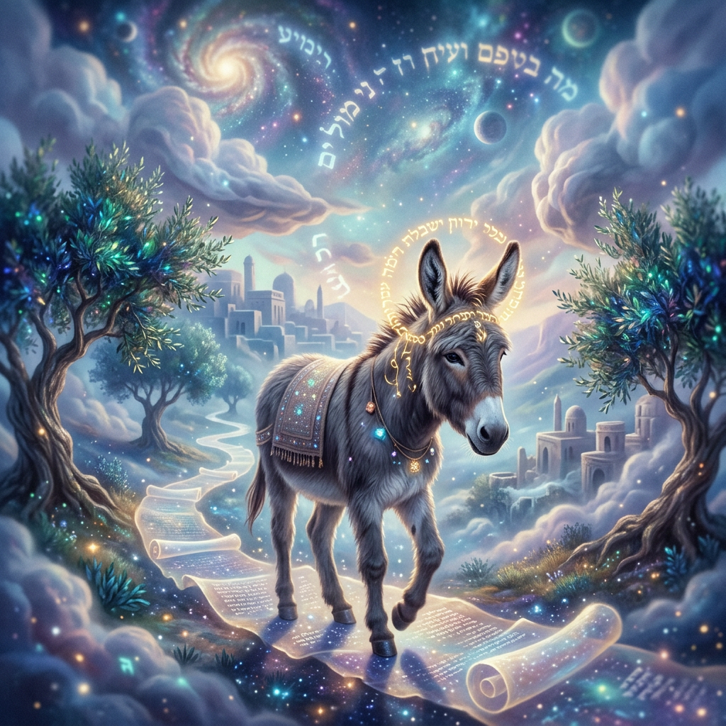 Donkey walking on illuminated scroll path with Hebrew text and cosmic backdrop