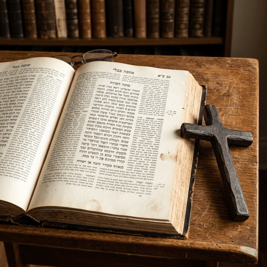 Open Hebrew religious book next to wooden cross on table