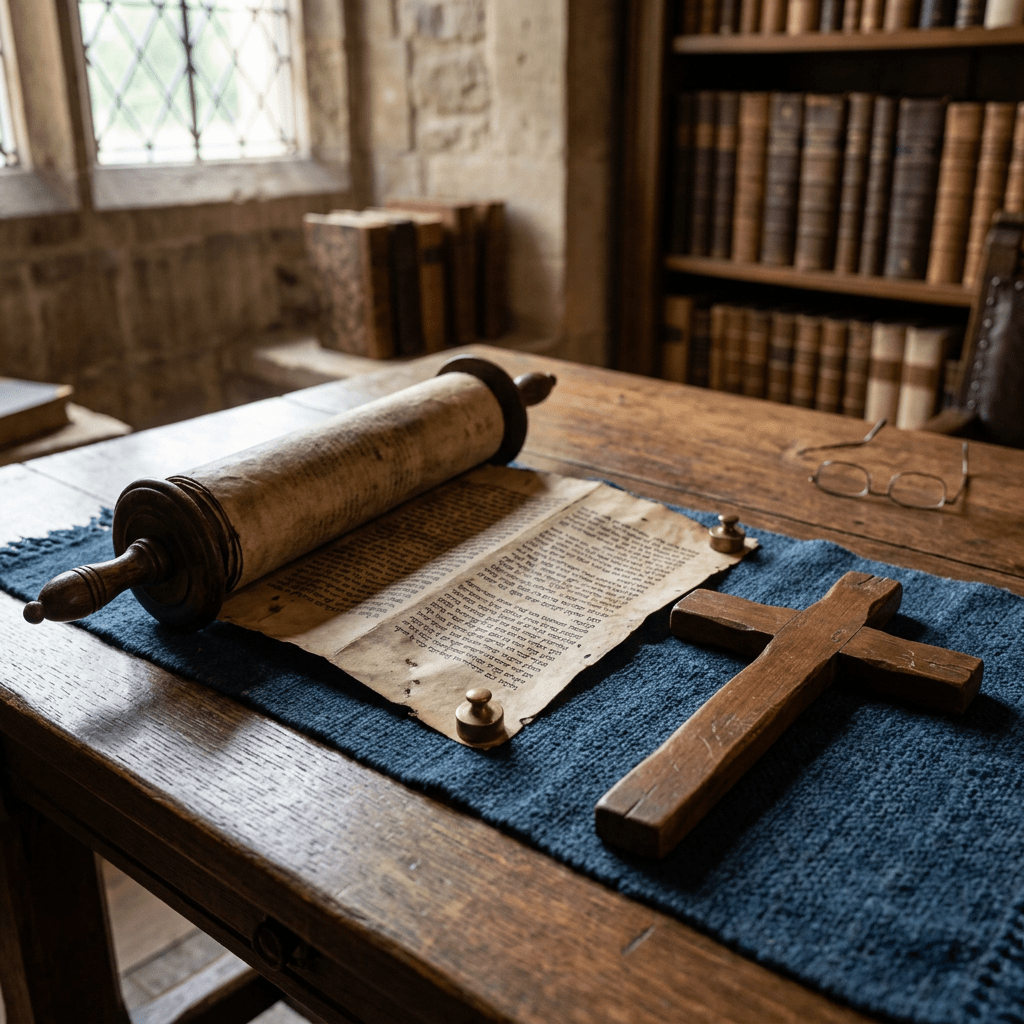 Rolled ancient scroll, wooden cross, and glasses on a wooden table with bookshelves