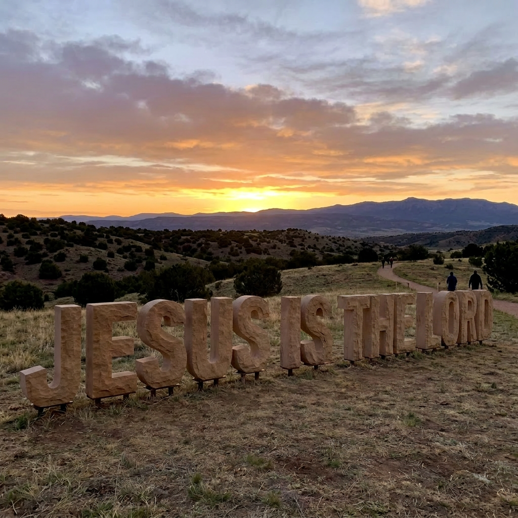 Wooden sculpture spelling 'JESUS IS YAHWEH' outdoors at sunset