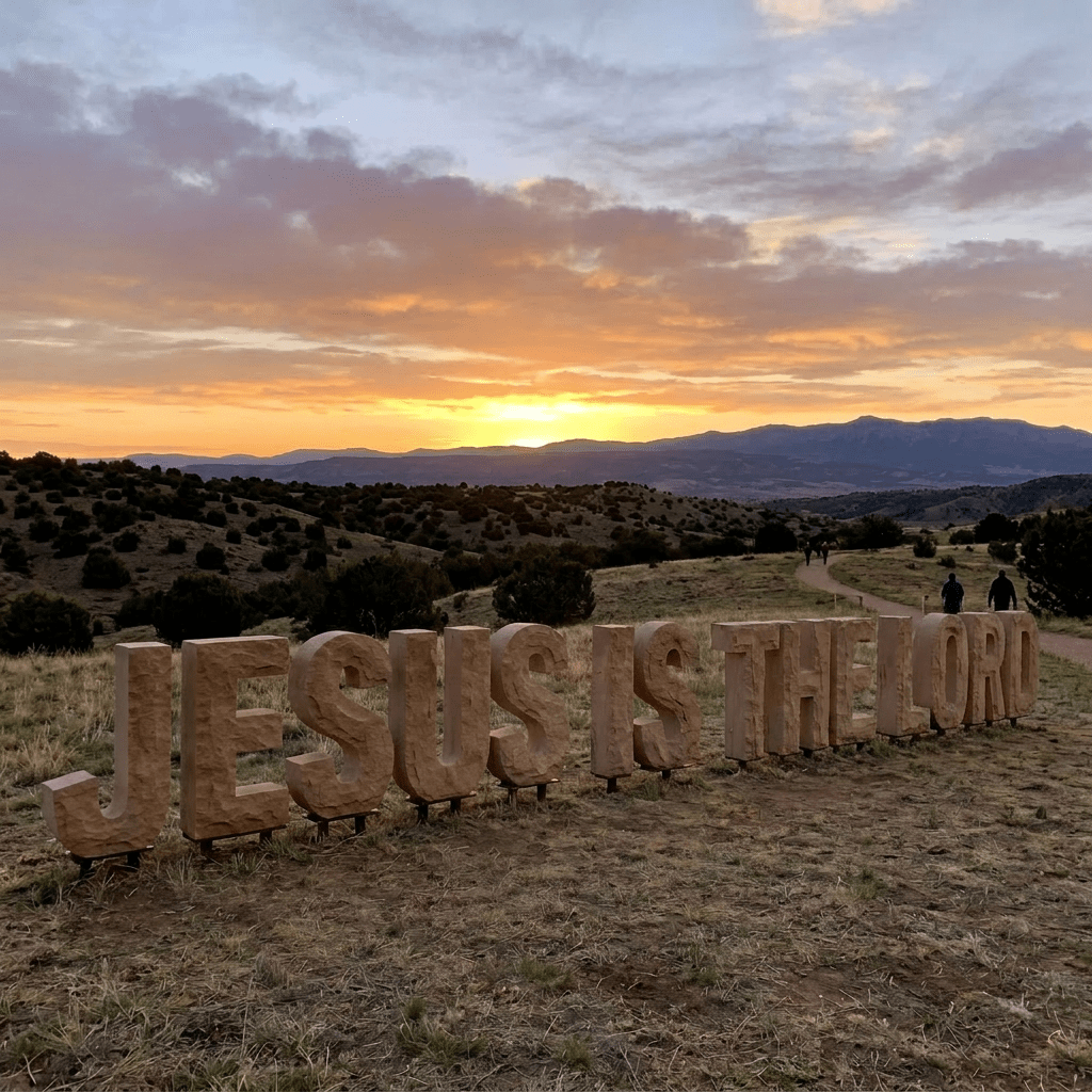 Wooden sculpture spelling 'JESUS IS YAHWEH' outdoors at sunset