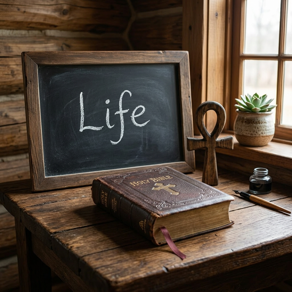 Bible, wooden Ankh symbol, chalkboard with word 'Life', and potted plant on wooden desk