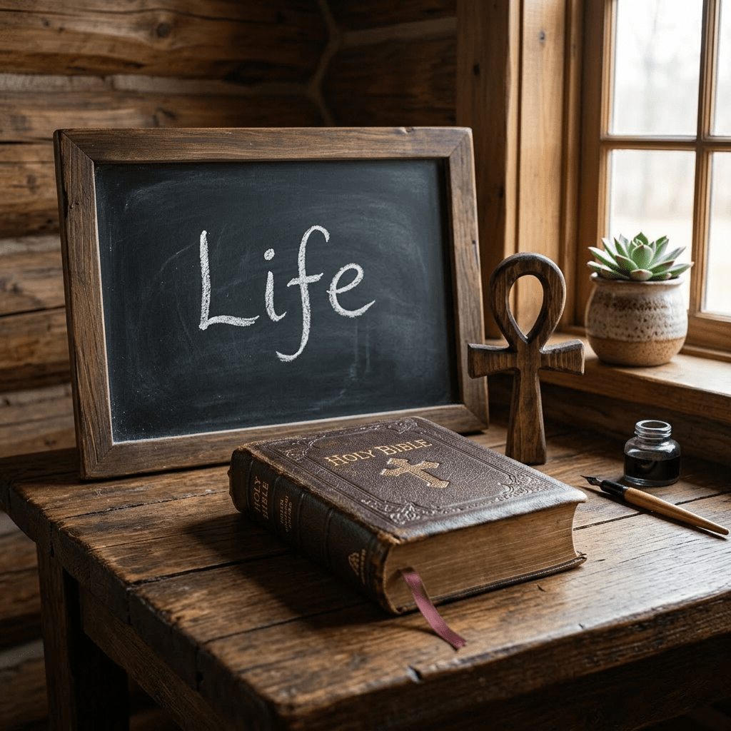 Bible, wooden Ankh symbol, chalkboard with word 'Life', and potted plant on wooden desk