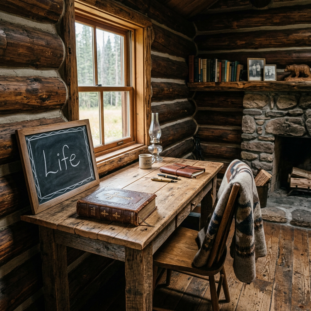 Wooden desk with books, pens, and a framed chalkboard reading Life in a log cabin workspace