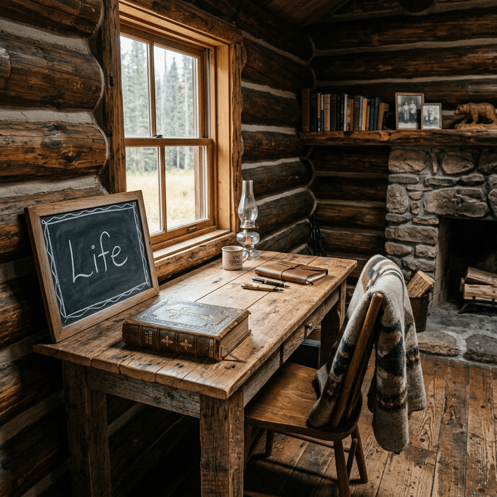 Wooden desk with books, pens, and a framed chalkboard reading Life in a log cabin workspace