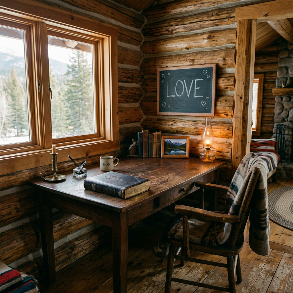 Wooden desk with book, candle, mug, oil lamp, and LOVE chalkboard in rustic cabin