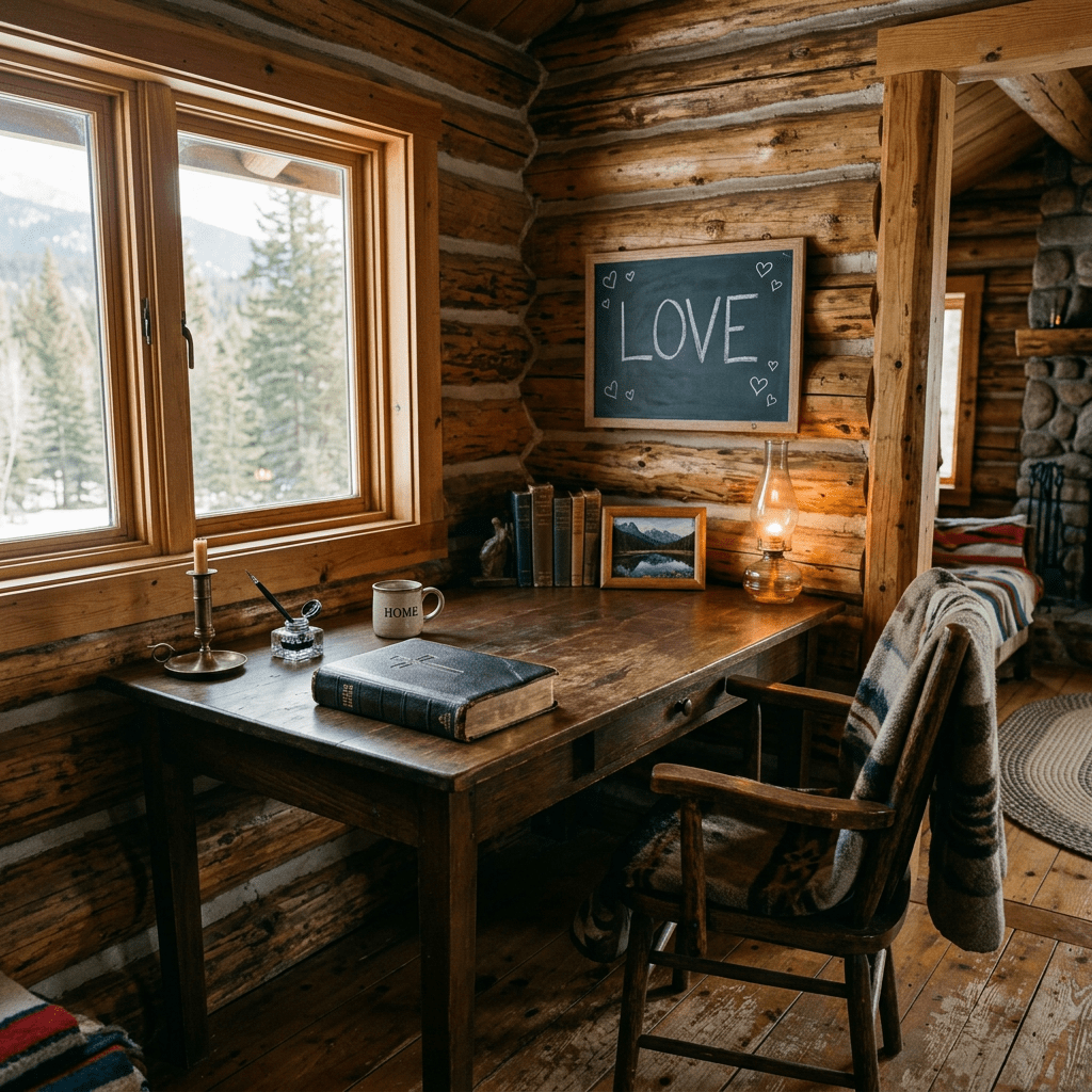 Wooden desk with book, candle, mug, oil lamp, and LOVE chalkboard in rustic cabin