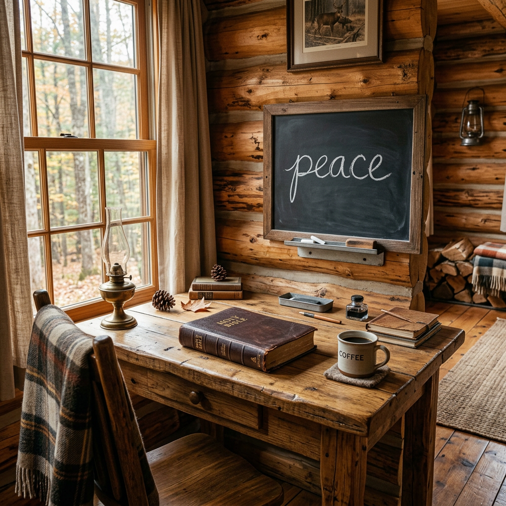 Wooden desk with Bible, coffee mug, chalkboard reading peace, window view of woods
