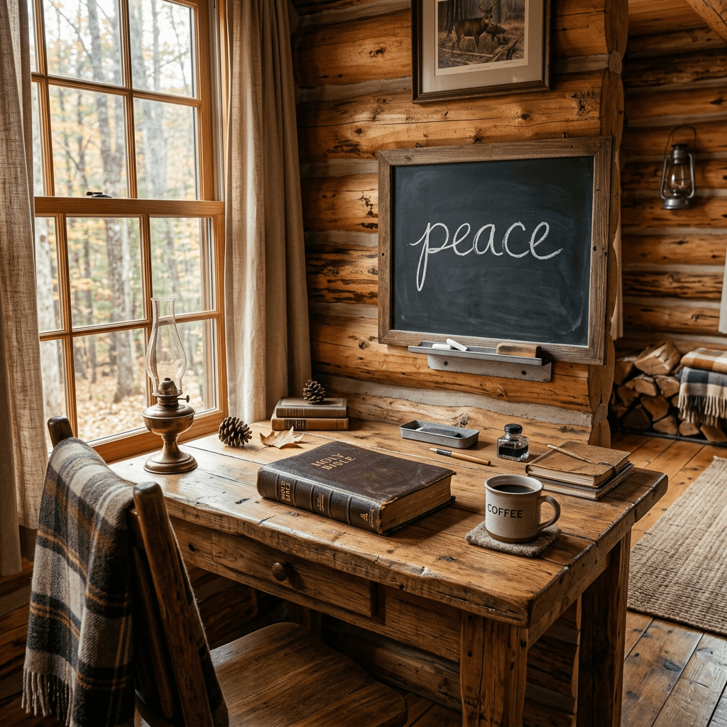 Wooden desk with Bible, coffee mug, chalkboard reading peace, window view of woods