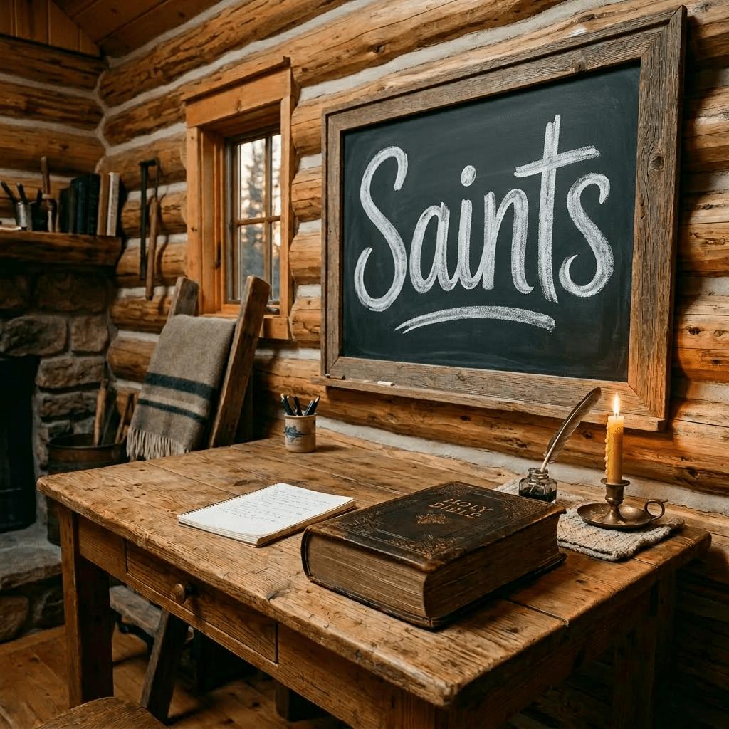 Wooden desk with a large Holy Bible, notebook, ink pot with quill, lit candle, and chalkboard listing saints on a log cabin wall