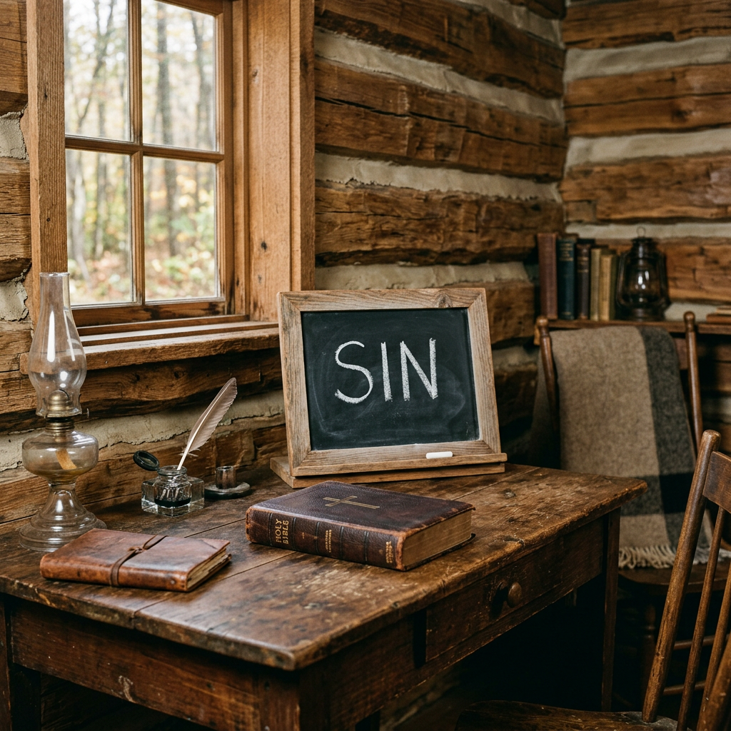 Wooden desk with Bible, ink pot, feather quill, oil lamp, and chalkboard reading 'SIN' in a log cabin