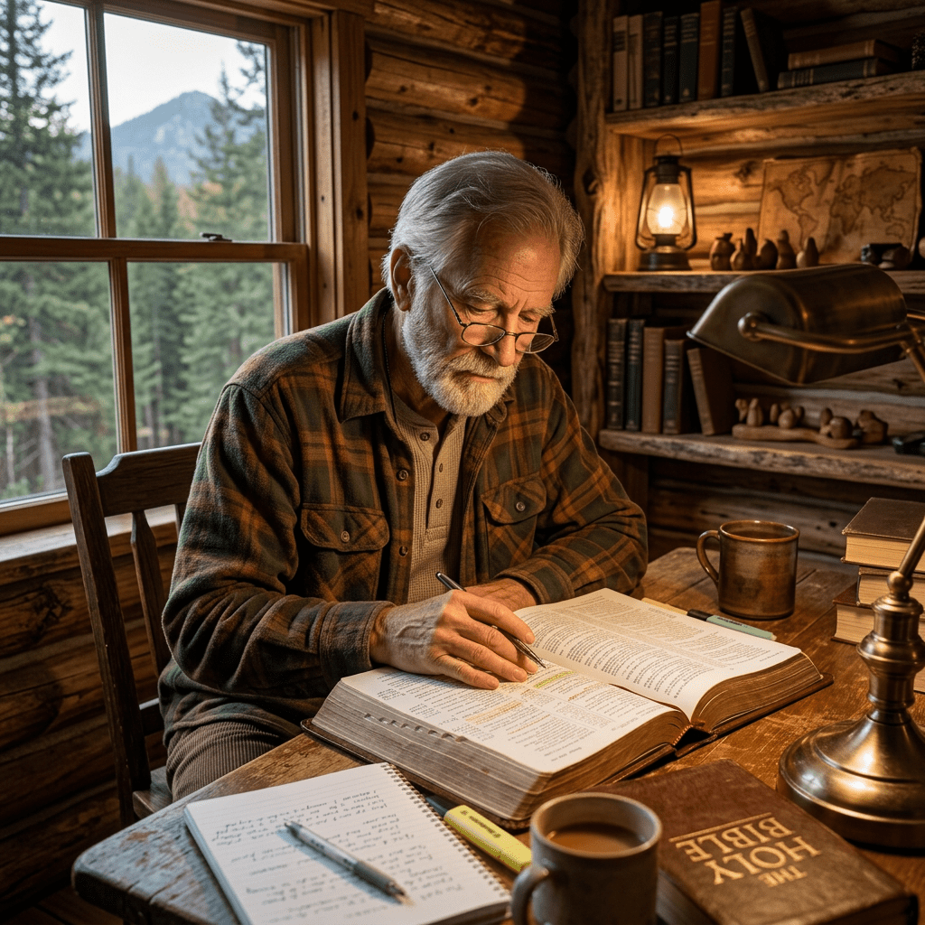 Woman with glasses reading an open Bible at a wooden desk with notes and coffee