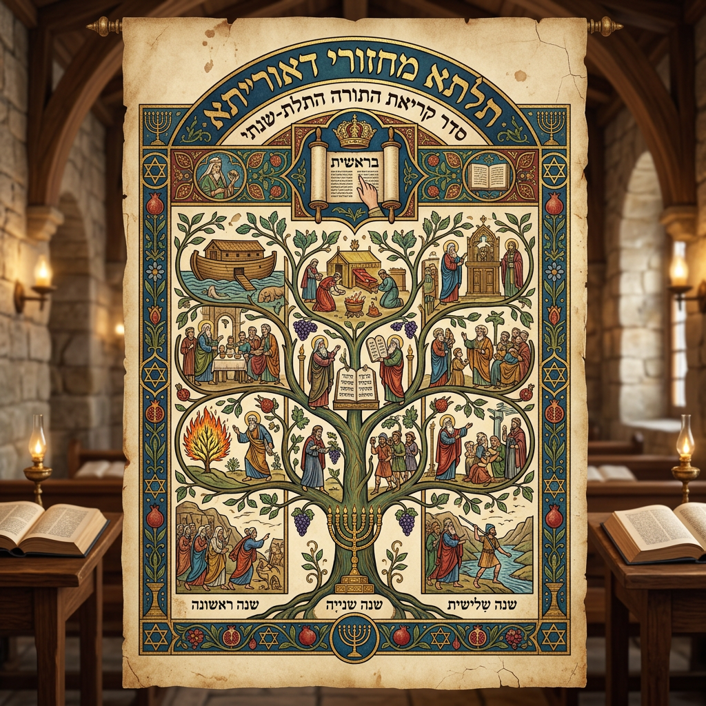 Illustrated chart of Torah reading cycle with biblical scenes, Hebrew text, menorah, and religious symbols