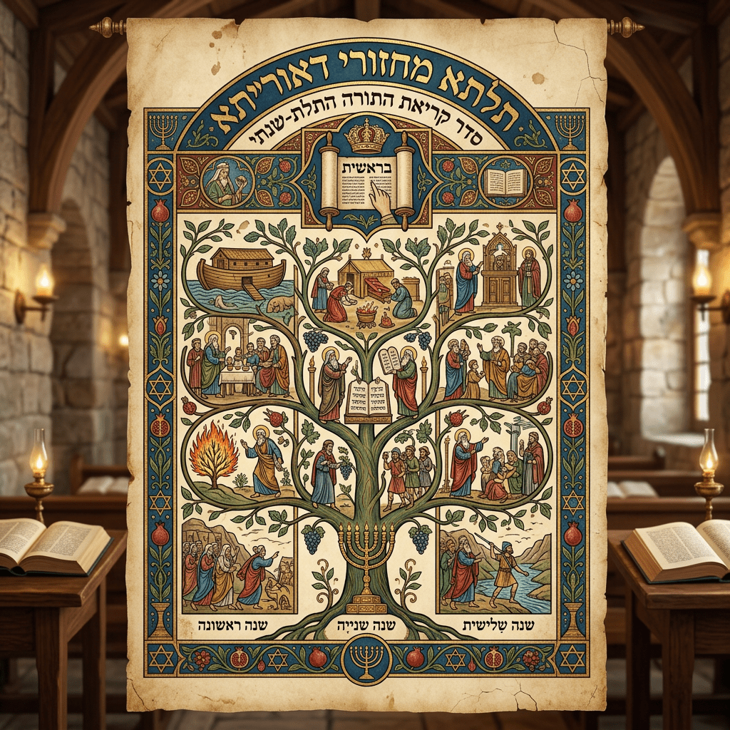 Illustrated chart of Torah reading cycle with biblical scenes, Hebrew text, menorah, and religious symbols