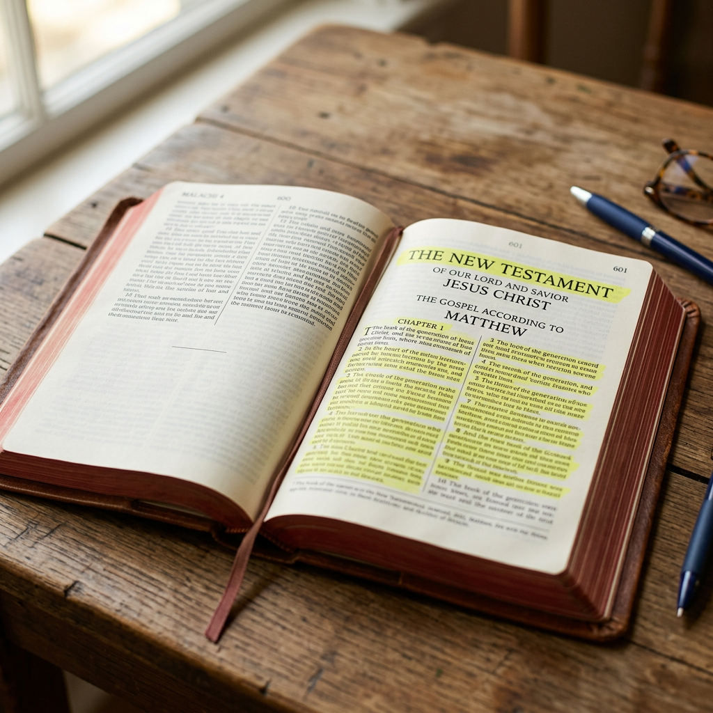 Open Bible showing highlighted text of the New Testament Gospel of Matthew on wooden table