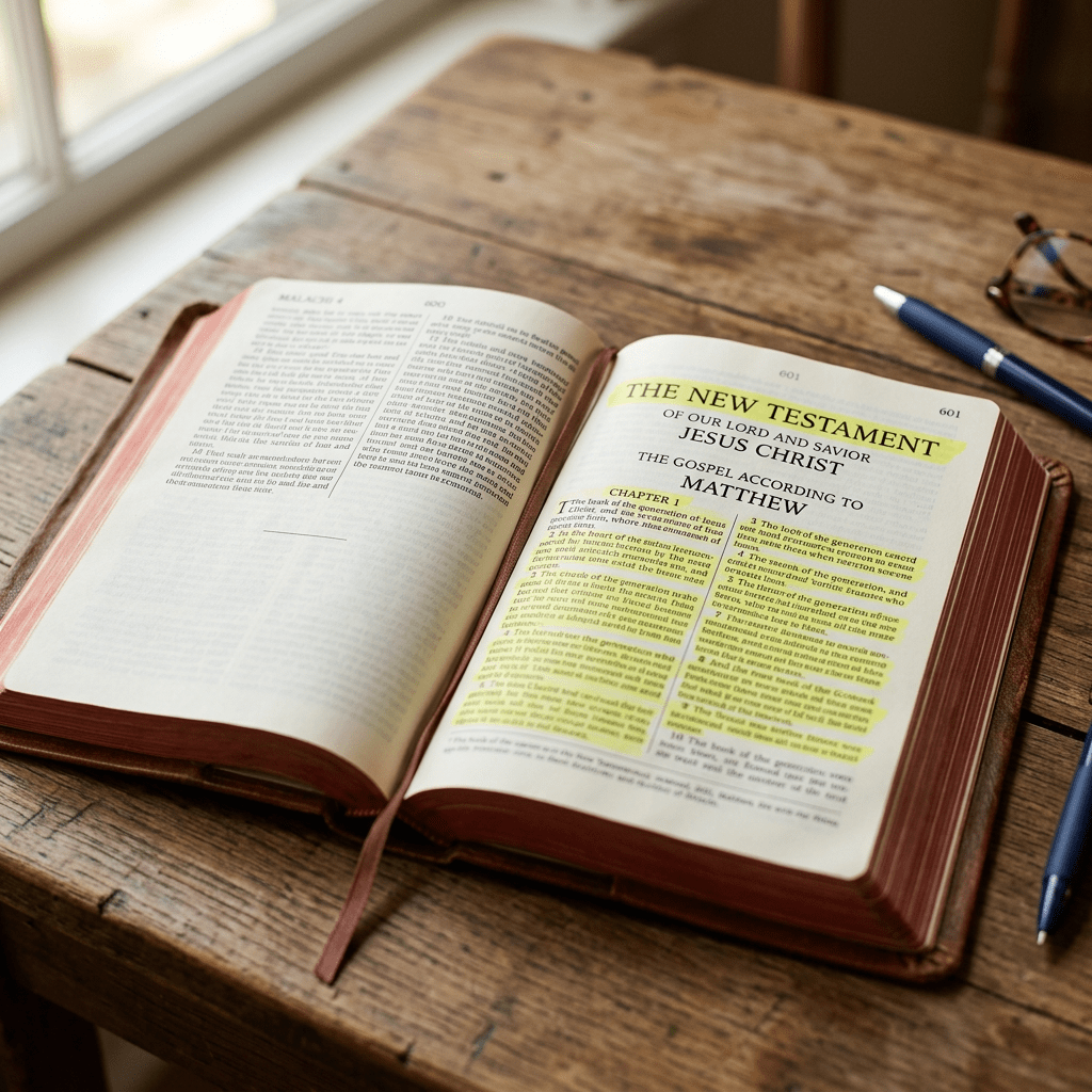 Open Bible showing highlighted text of the New Testament Gospel of Matthew on wooden table