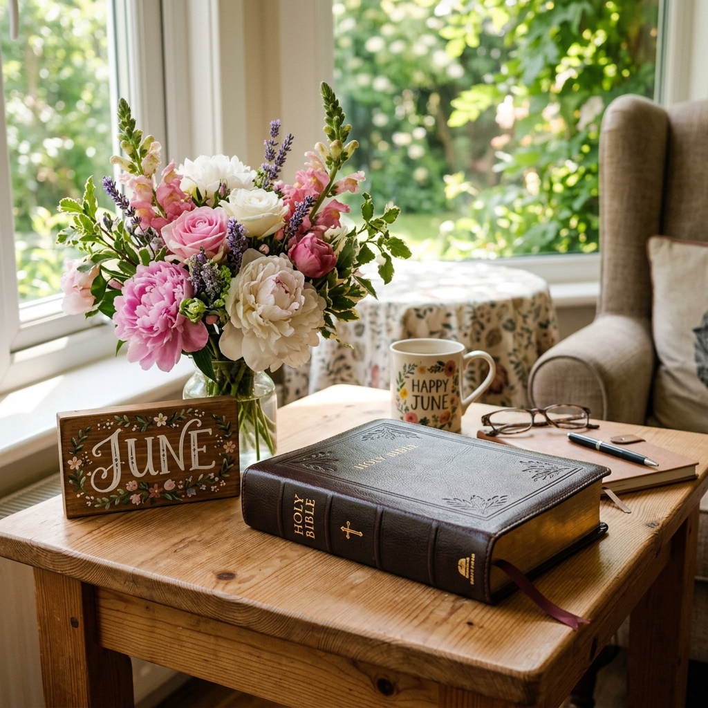 Bible, flower bouquet, June sign, and coffee mug on wooden table by window