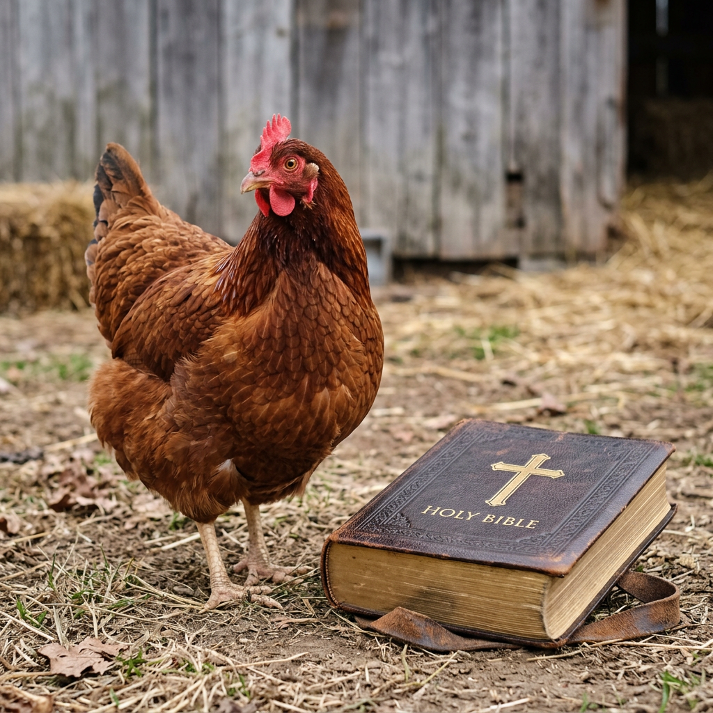Brown chicken standing next to a closed Holy Bible on outdoor ground.