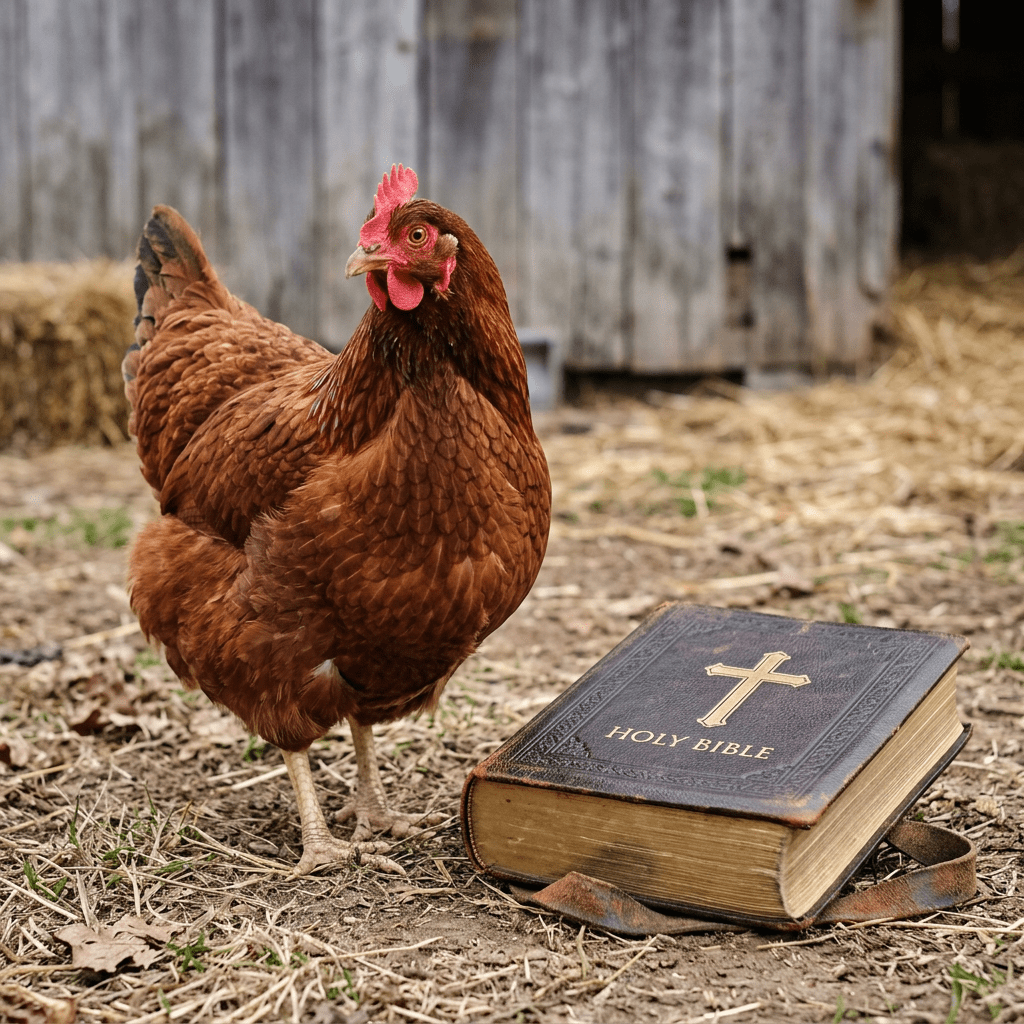 Brown chicken standing next to a closed Holy Bible on outdoor ground.