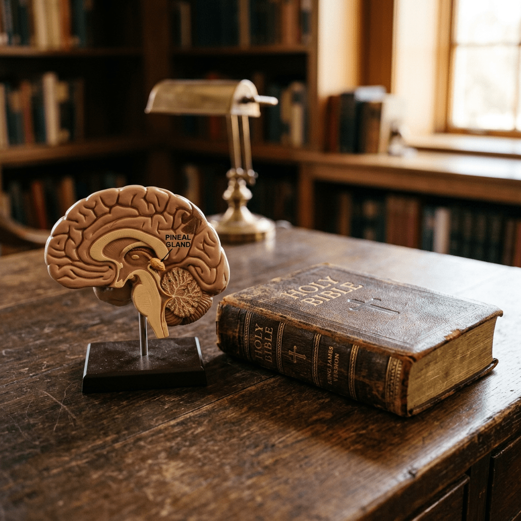 Brain model showing pineal gland next to an old Holy Bible on a wooden desk