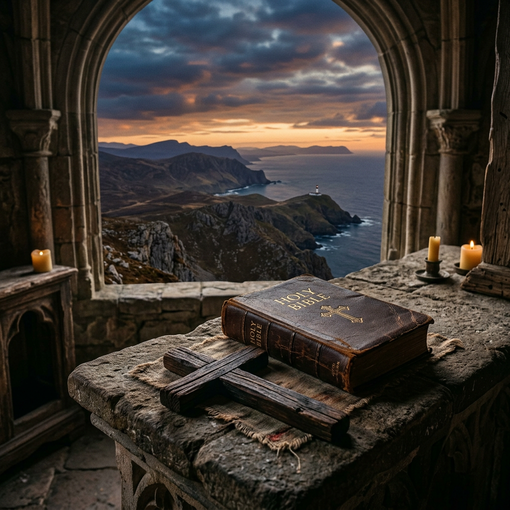 Holy Bible and wooden cross on stone altar with coastal cliffs and lighthouse at sunset
