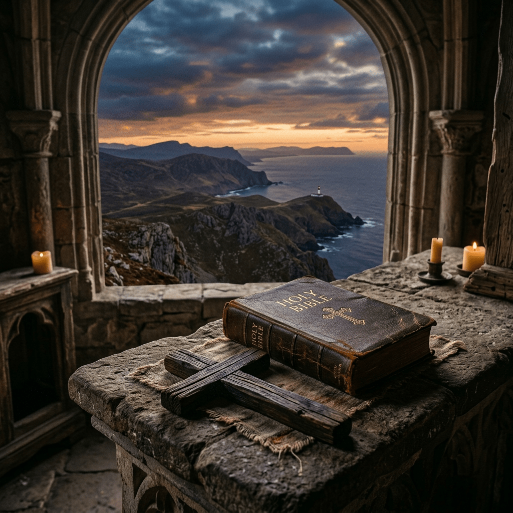 Holy Bible and wooden cross on stone altar with coastal cliffs and lighthouse at sunset