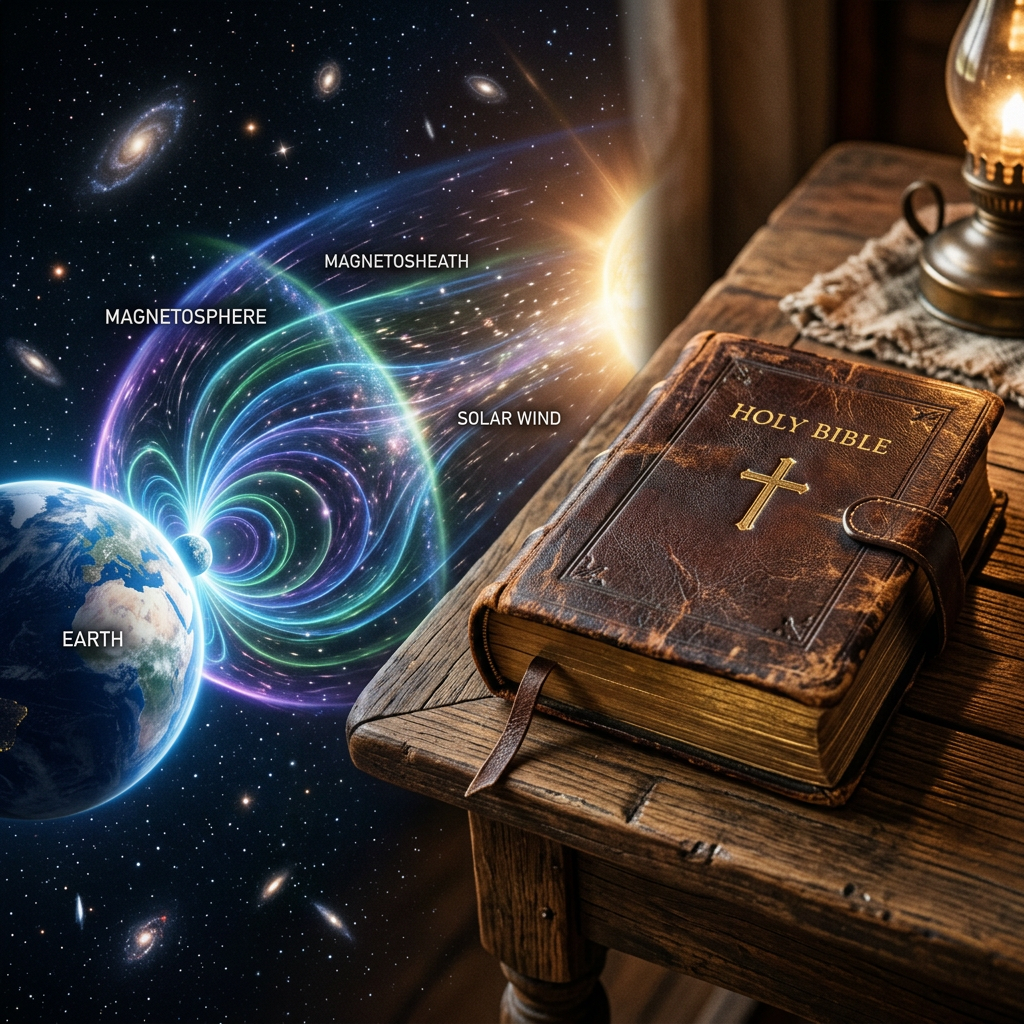Diagram of Earth's magnetosphere, magnetosheath, solar wind from the sun, and Earth next to a closed Holy Bible on a wooden table