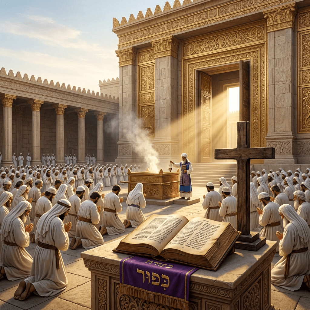 People kneeling in prayer around an altar with incense and religious texts in an ancient temple courtyard