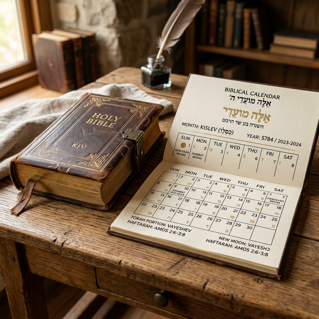 Open Kislev month biblical calendar with Torah portion and haftarah references next to a closed leather Holy Bible
