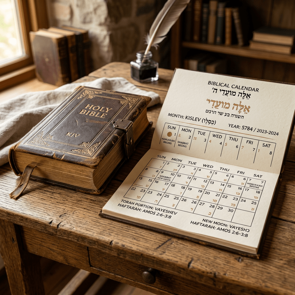 Open Kislev month biblical calendar with Torah portion and haftarah references next to a closed leather Holy Bible