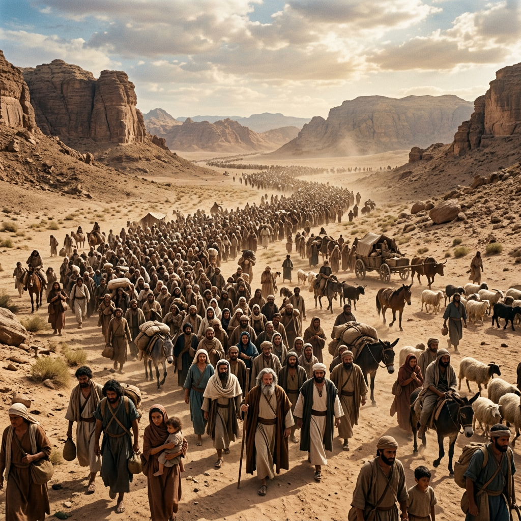 A massive caravan of people and animals walking through a desert valley surrounded by towering rocky cliffs