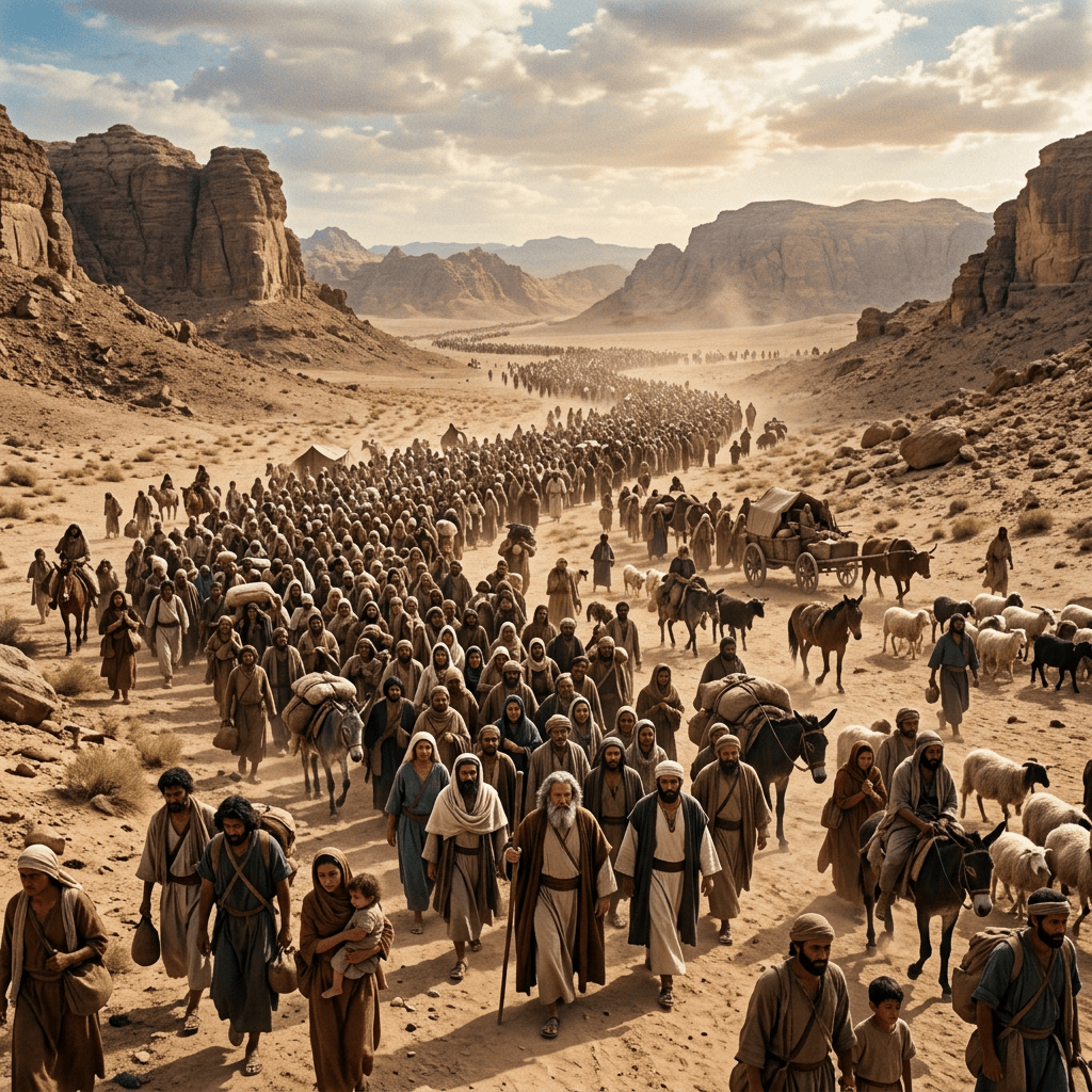 A massive caravan of people and animals walking through a desert valley surrounded by towering rocky cliffs