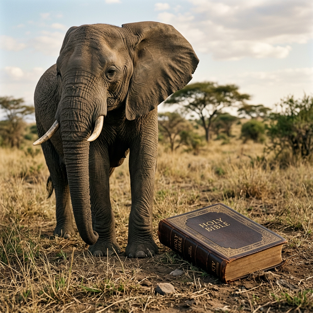 Young elephant standing beside a large Holy Bible on dry grassland