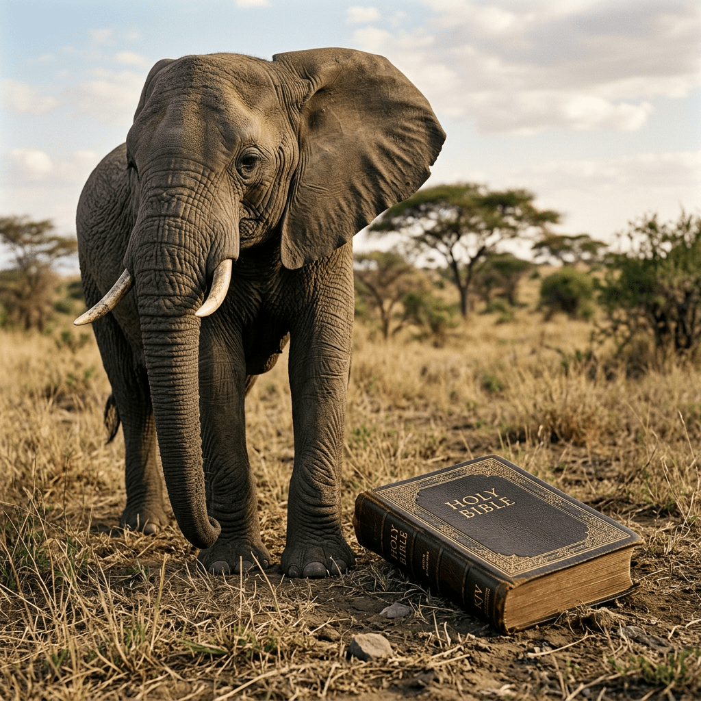 Young elephant standing beside a large Holy Bible on dry grassland