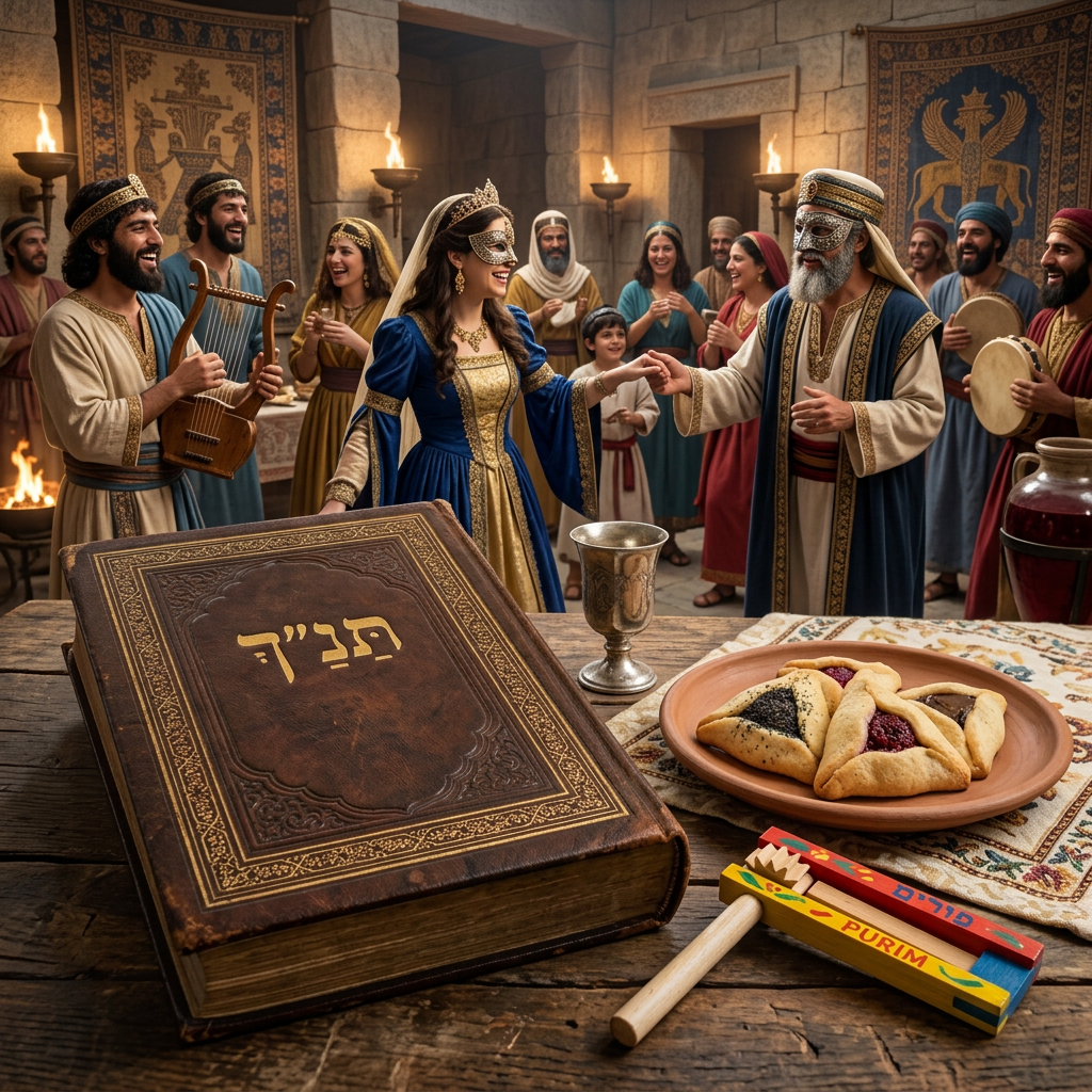 People dressed in historical costumes celebrating Purim with masks, music, and hamantaschen cookies