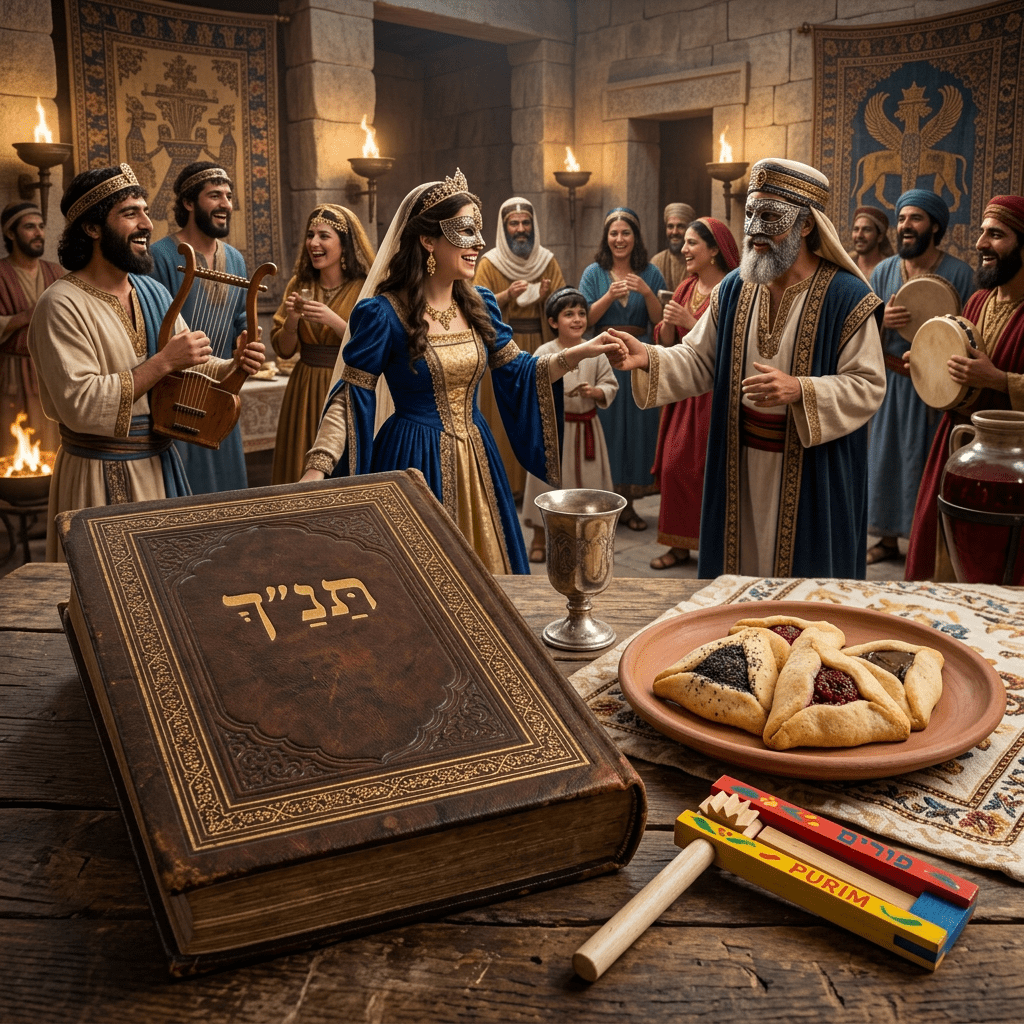 People dressed in historical costumes celebrating Purim with masks, music, and hamantaschen cookies