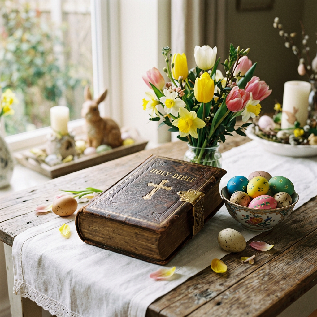 Antique Holy Bible on a rustic wooden table with spring flowers and decorated Easter eggs