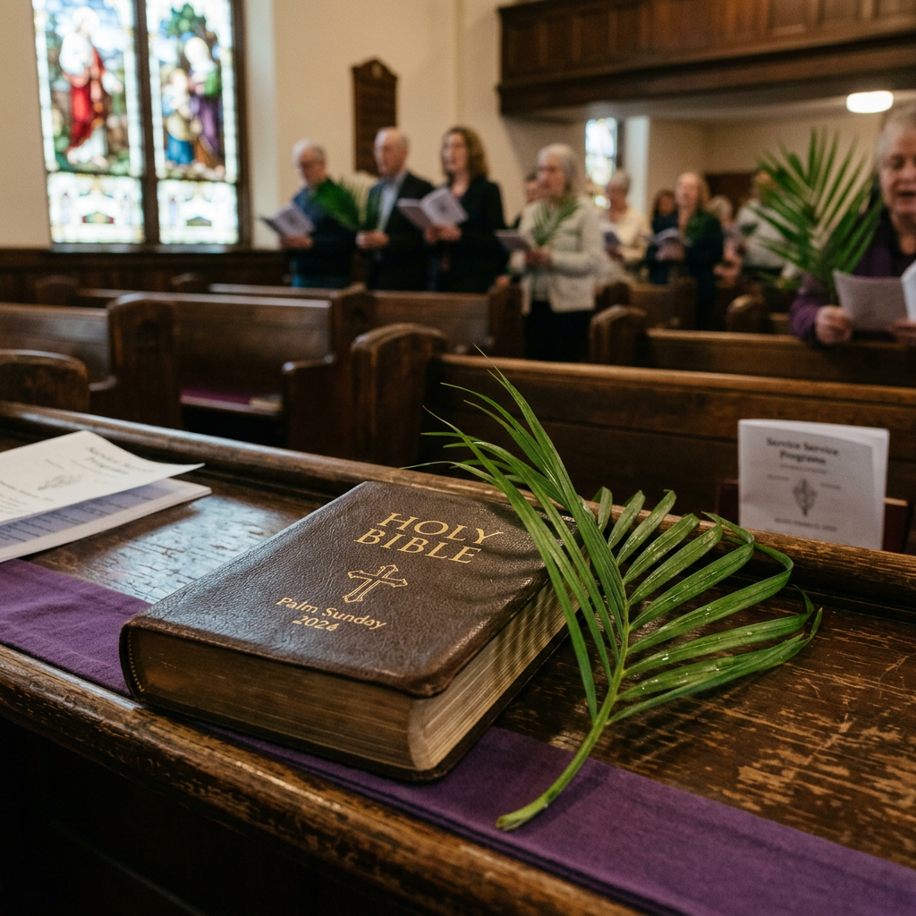 Holy Bible titled Palm Sunday 2024 with a palm leaf on a church pew