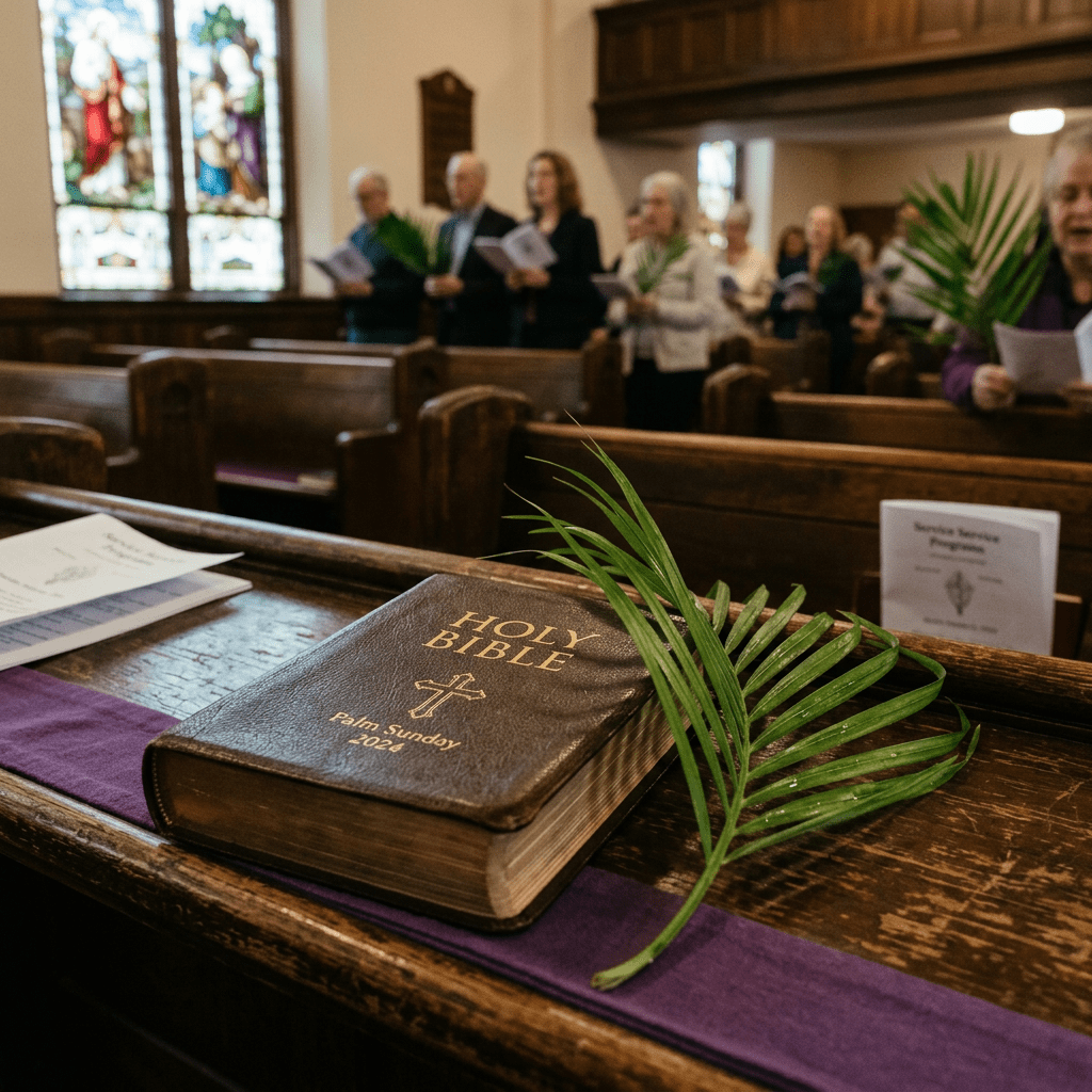 Holy Bible titled Palm Sunday 2024 with a palm leaf on a church pew