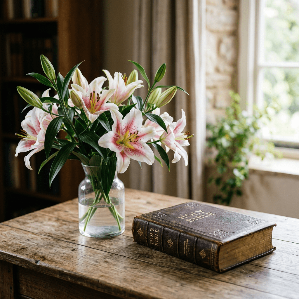 Closed Holy Bible with brown leather cover next to clear glass vase holding pink and white lilies on wooden table