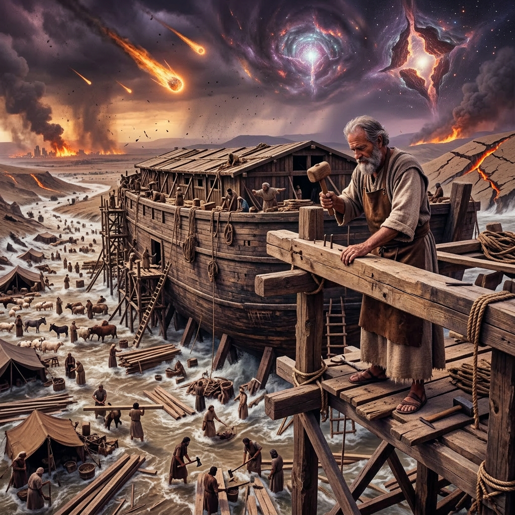 Elderly man in apron hammering wood on a scaffold beside a large wooden ark under stormy sky